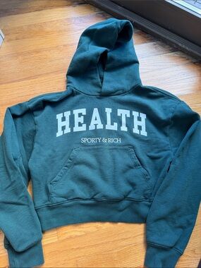 Sporty & Rich teal-green "HEALTH" Cropped Pullover Hoodie